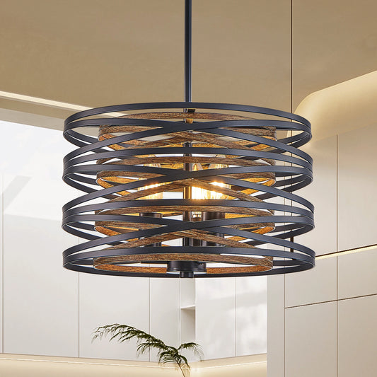 Black and Walnut Metal Cage Chandelier