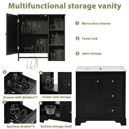 Modern Elegant Bathroom 30 Inch Vanity With Sink, Storage Cabinets, Drawers, and Adjustable Shelves