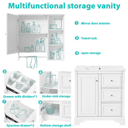 Modern Elegant Bathroom 30 Inch Vanity With Sink, Storage Cabinets, Drawers, and Adjustable Shelves
