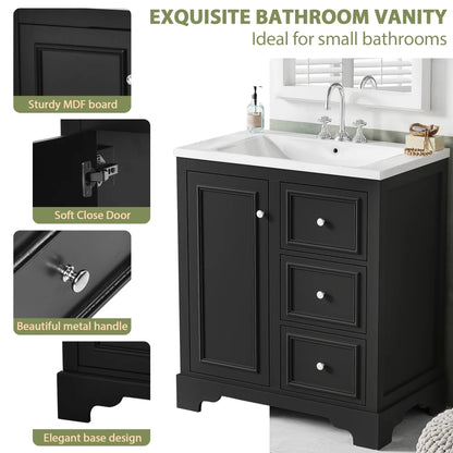 Modern Elegant Bathroom 30 Inch Vanity With Sink, Storage Cabinets, Drawers, and Adjustable Shelves