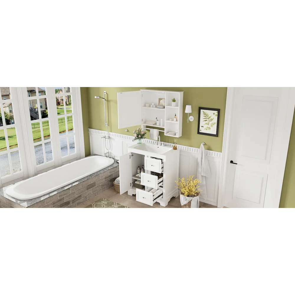 Modern Elegant Bathroom 30 Inch Vanity With Sink, Storage Cabinets, Drawers, and Adjustable Shelves