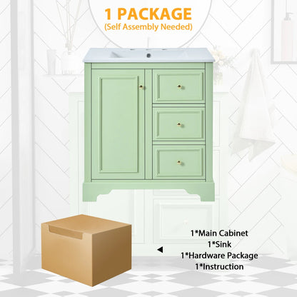 Modern Elegant Bathroom 30 Inch Vanity With Sink, Storage Cabinets, Drawers, and Adjustable Shelves