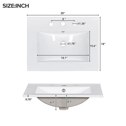 Modern Elegant Bathroom 30 Inch Vanity With Sink, Storage Cabinets, Drawers, and Adjustable Shelves