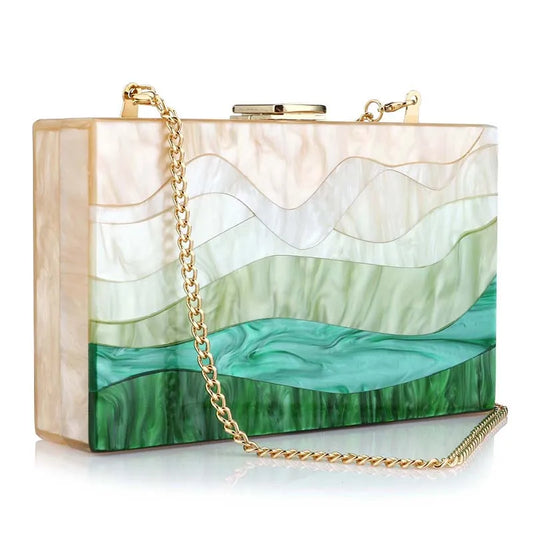 New Trendy Green Beige Striped Handbag