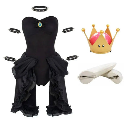 WENAM Women's Bowsette Cosplay Costume Black Dress with Accessories Halloween Party Princess Cosplay Dress with Crown and Horns