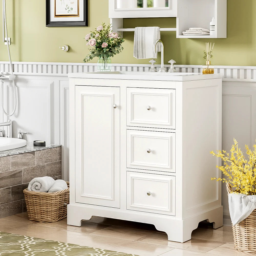 Modern Elegant Bathroom 30 Inch Vanity With Sink, Storage Cabinets, Drawers, and Adjustable Shelves