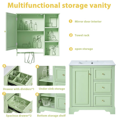 Modern Elegant Bathroom 30 Inch Vanity With Sink, Storage Cabinets, Drawers, and Adjustable Shelves