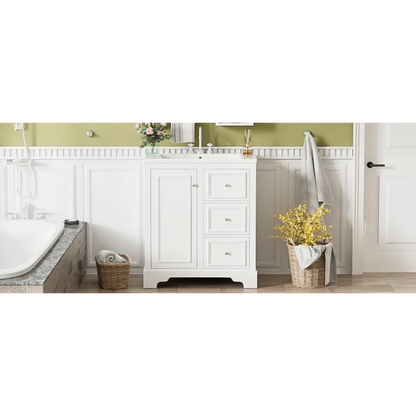 Modern Elegant Bathroom 30 Inch Vanity With Sink, Storage Cabinets, Drawers, and Adjustable Shelves