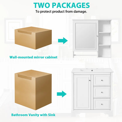 Modern Elegant Bathroom 30 Inch Vanity With Sink, Storage Cabinets, Drawers, and Adjustable Shelves