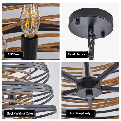 Black and Walnut Metal Cage Chandelier