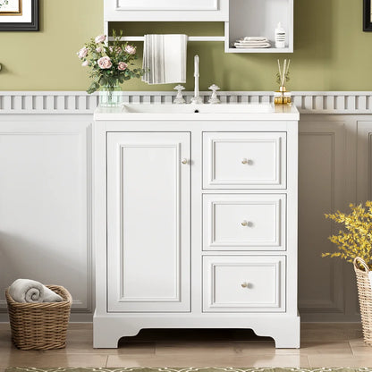 Modern Elegant Bathroom 30 Inch Vanity With Sink, Storage Cabinets, Drawers, and Adjustable Shelves