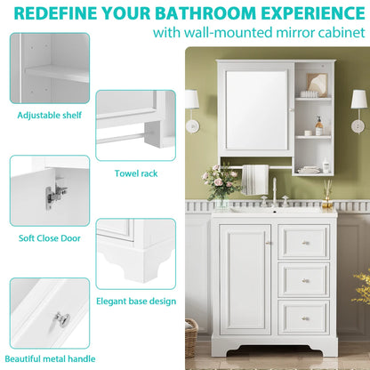 Modern Elegant Bathroom 30 Inch Vanity With Sink, Storage Cabinets, Drawers, and Adjustable Shelves