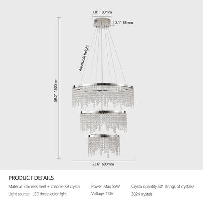 23.6-inch Crystal Chandelier, Dimmable Led Ceiling Lamp